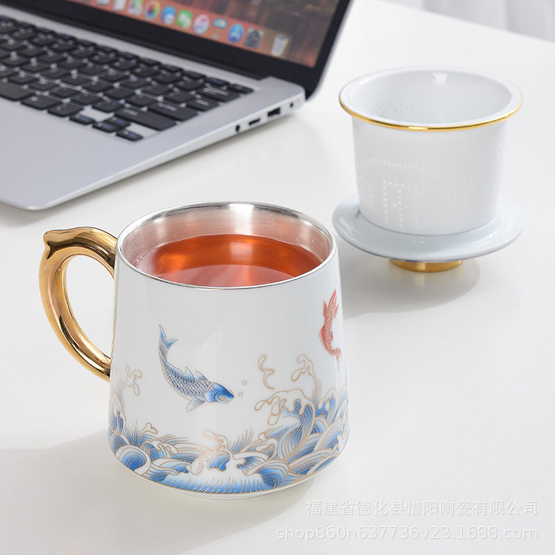 年年有鱼青花瓷杯子陶瓷杯带茶漏泡茶过滤杯银水杯骨瓷办公室茶杯