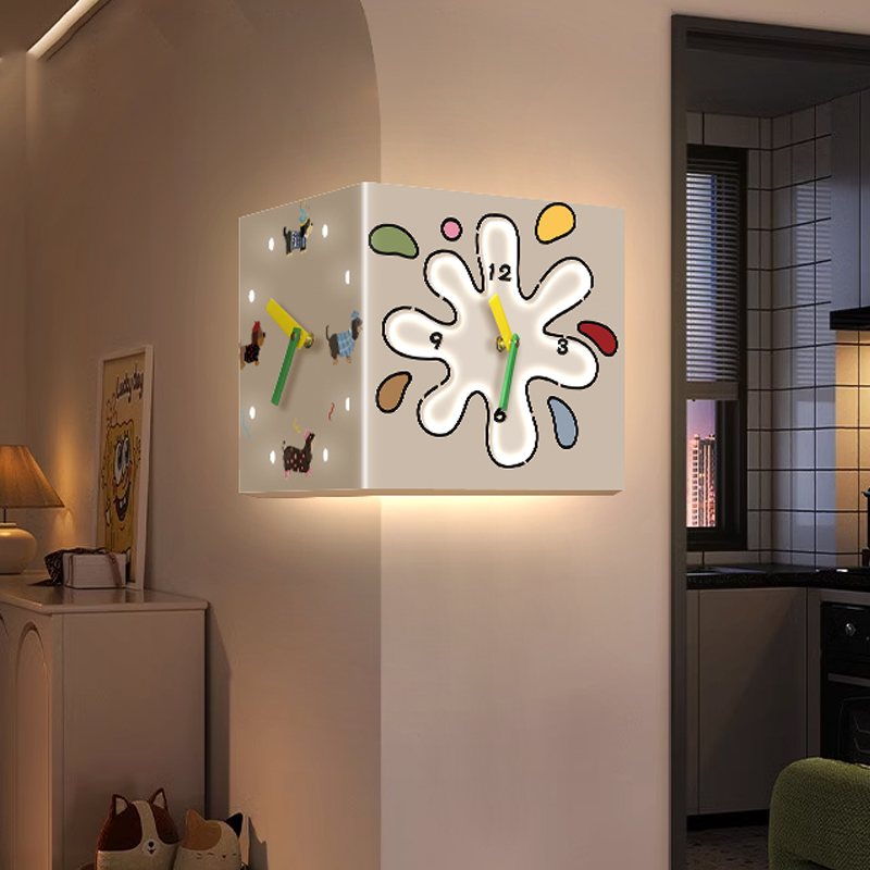 2024新款客厅转角双面挂钟多巴胺小狗创意时钟壁灯免打孔拐角钟表
