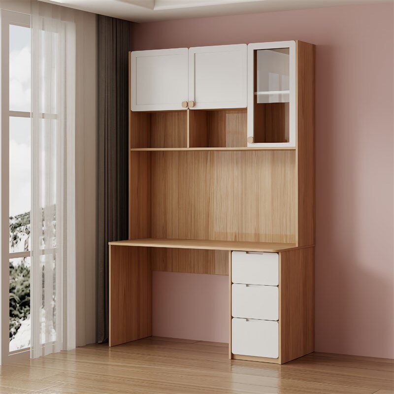 可比熊实木书桌电脑桌卧室家用办公桌儿童书房学习桌书架书桌一体