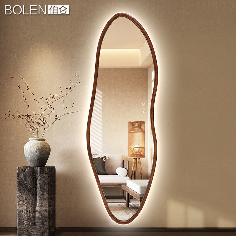 BOLEN 文艺实木智能穿衣镜led全身镜子中古风挂墙发光玄关装饰镜