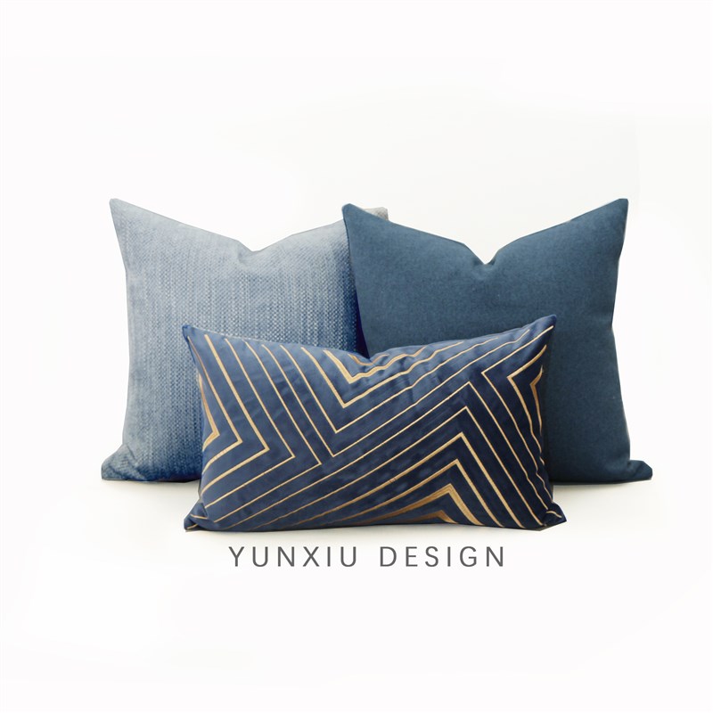 蓝色组合抱枕靠垫藏青色沙发靠枕样板房床品装饰抱枕腰枕刺绣