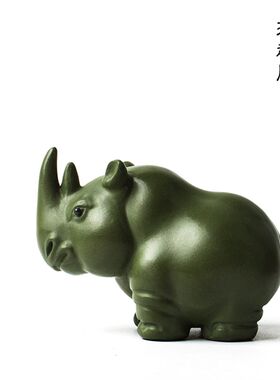 宜兴绿泥紫砂茶宠手工陶瓷茶玩犀牛摆件盖托功夫茶具茶宠可爱有趣
