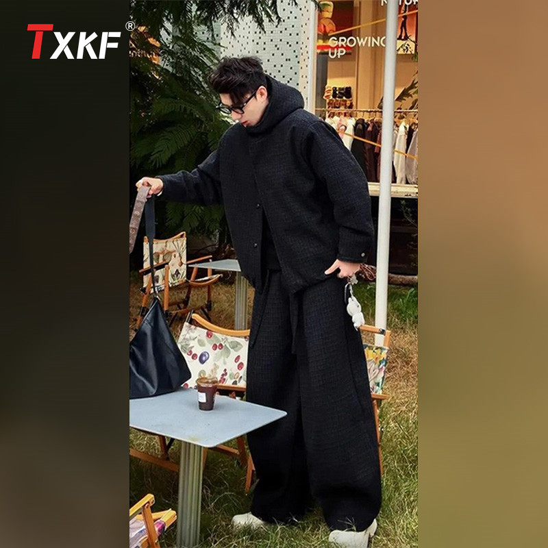 高端连帽羽绒棉服套装男士2025新款冬季格子外套阔腿裤子男款一套,男装,时尚套装,淘宝优惠券,粉丝福利购,淘宝优惠卷