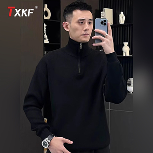 高端黑色半拉链高领毛衣男士2025新款春秋冬季内搭针织打底衫男款
