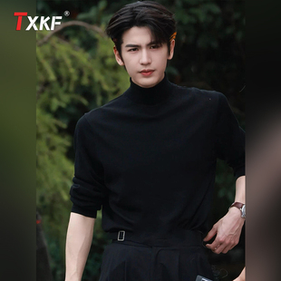 张凌赫同款黑色半高领毛衣男士2025新款秋冬季内搭正肩针织衫男款