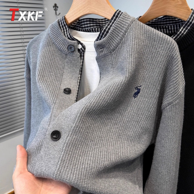 假两件衬衫领针织开衫外套男士2025新款春秋冬季保罗刺绣毛衣男款