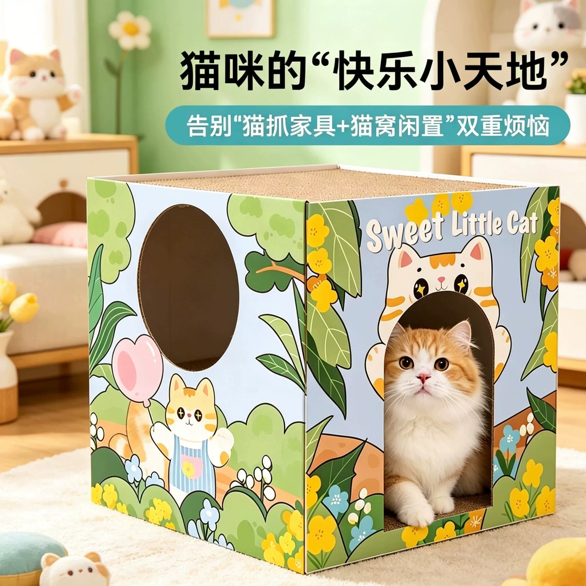 卡通图案猫抓板猫窝一体瓦楞纸耐抓耐磨不掉屑自嗨解闷阳光型小屋