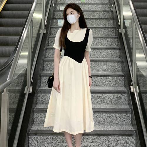 法式甜美气质收腰减龄假两件连衣裙女学生夏季高级感大码a字裙