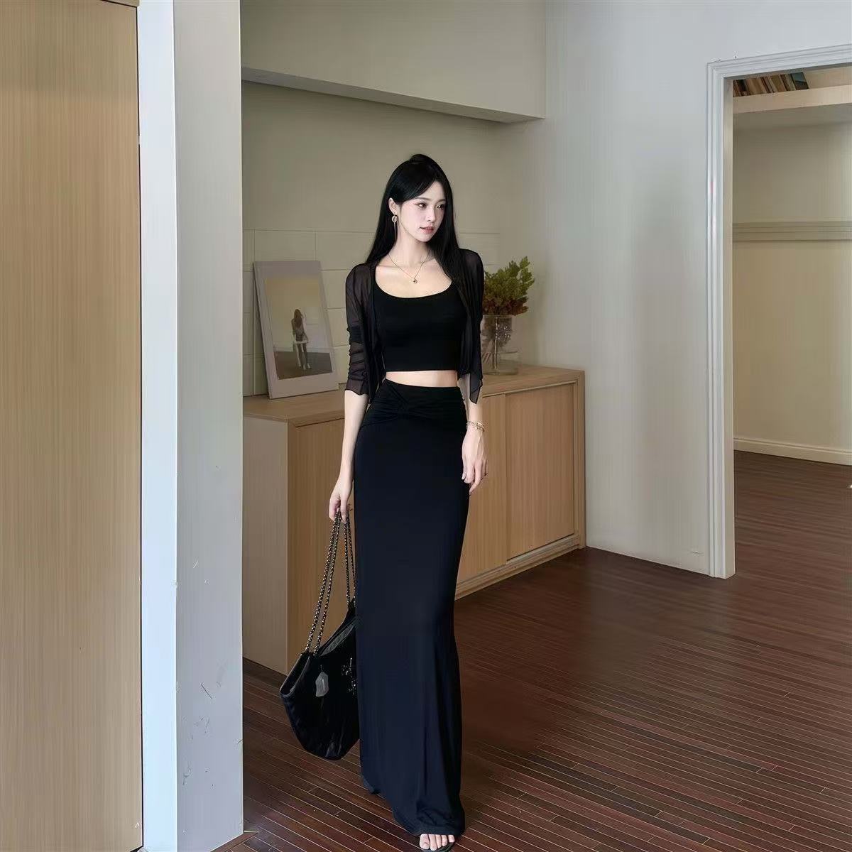 纯欲温柔辣妹气质长裙三件套女夏季露脐T恤开衫包臀修身显瘦套装