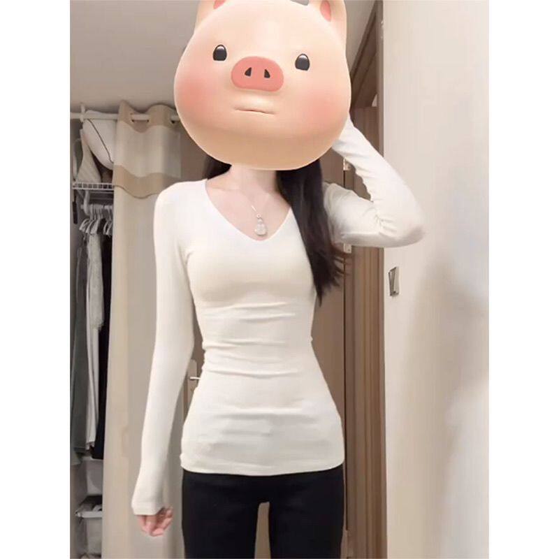 纯欲正肩修身显瘦v领长袖女t恤