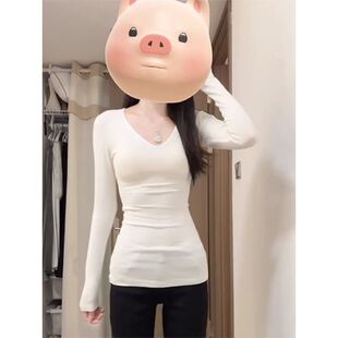 胖mm纯欲正肩修身显瘦v领长袖女t恤秋冬紧身打底衫上衣秋天内搭