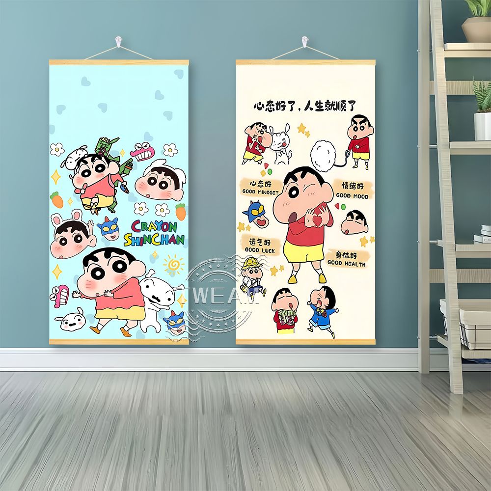卡通动漫蜡笔小新励志创意挂画客厅儿童房卧室玄关实木挂轴装饰画