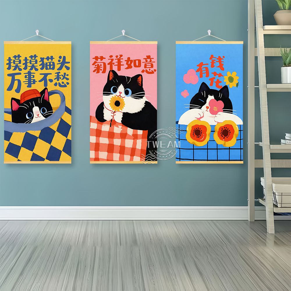 唯美可爱油画风小猫咪挂画儿童房卧室客厅玄关宿舍实木挂轴装饰画