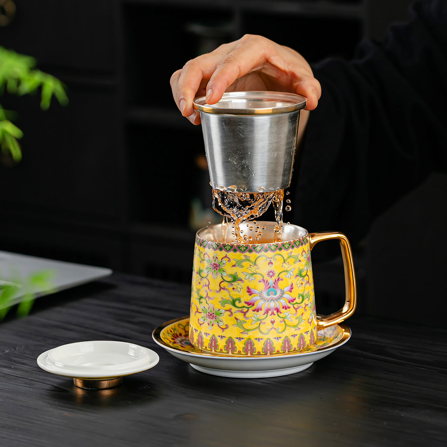 珐瑯彩鎏银办公茶杯 茶水分离带盖子过滤办公室高档个人泡茶水杯