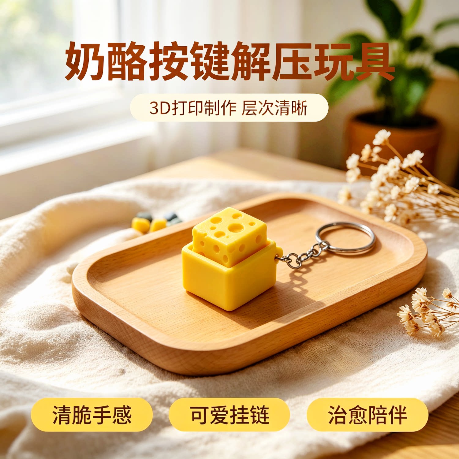 3D打印奶酪按键解压钥匙扣