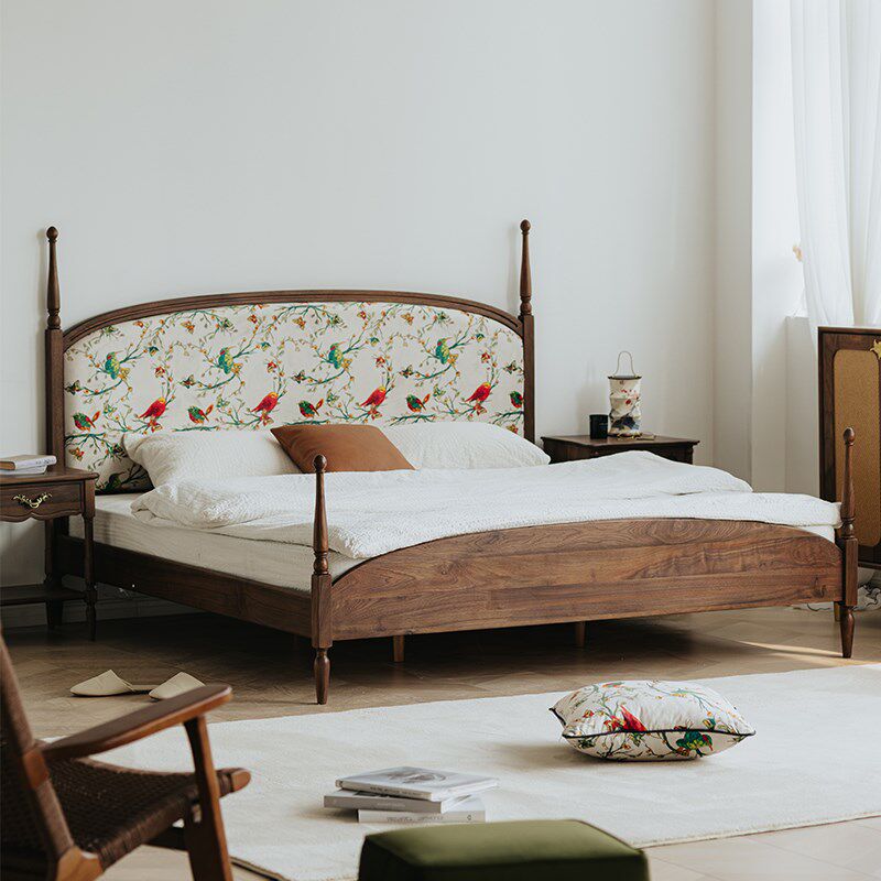 物应莺歌蝶舞花园床复古1.8米软包实木床黑胡桃木床1.5布艺双人床