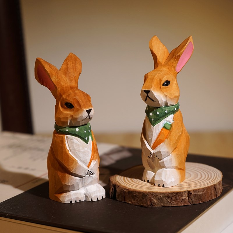 站立小兔子手工木雕小摆件书桌面创意可爱卡通木头公仔儿童礼物