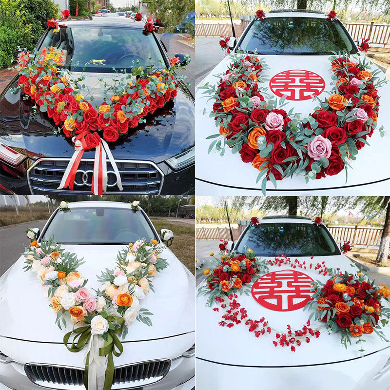 大V 红色主婚车装饰车头花香槟色婚车花艺装饰结婚礼品全套婚庆花