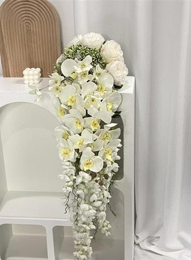 法式民国高级复古婚礼白色仿真花瀑布手捧花新娘领证结婚花束道具