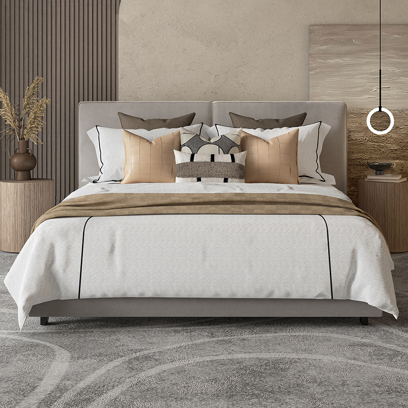 展厅样板间床品极简休闲软装浅咖色系主卧样板房床上用品多件套