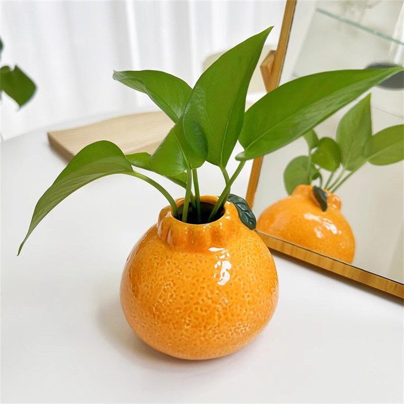 办公桌摆件仿真橘子陶瓷小花瓶水培植物绿萝铜钱草插花器皿创意
