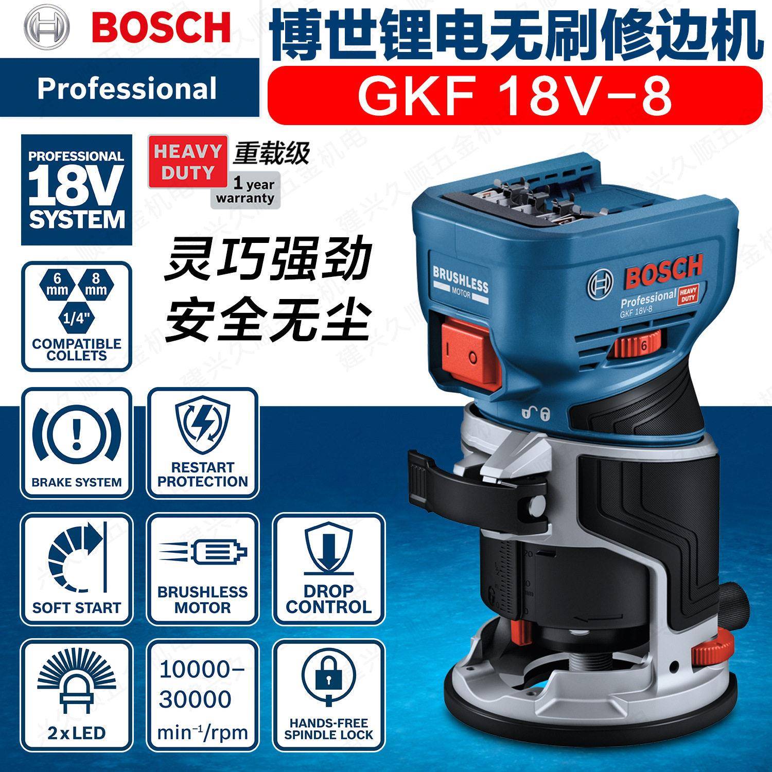 博世GKF18V-8重载级锂电无刷修边机重启跌落保护精细深度调节重启
