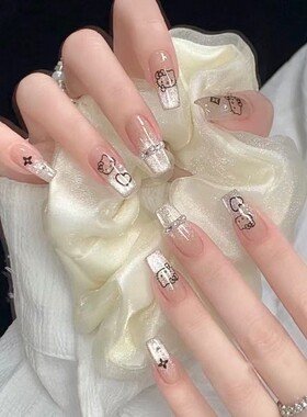 手工儿童穿戴甲女童美甲手工穿戴甲中长款猫眼黑色kitty猫咪美甲