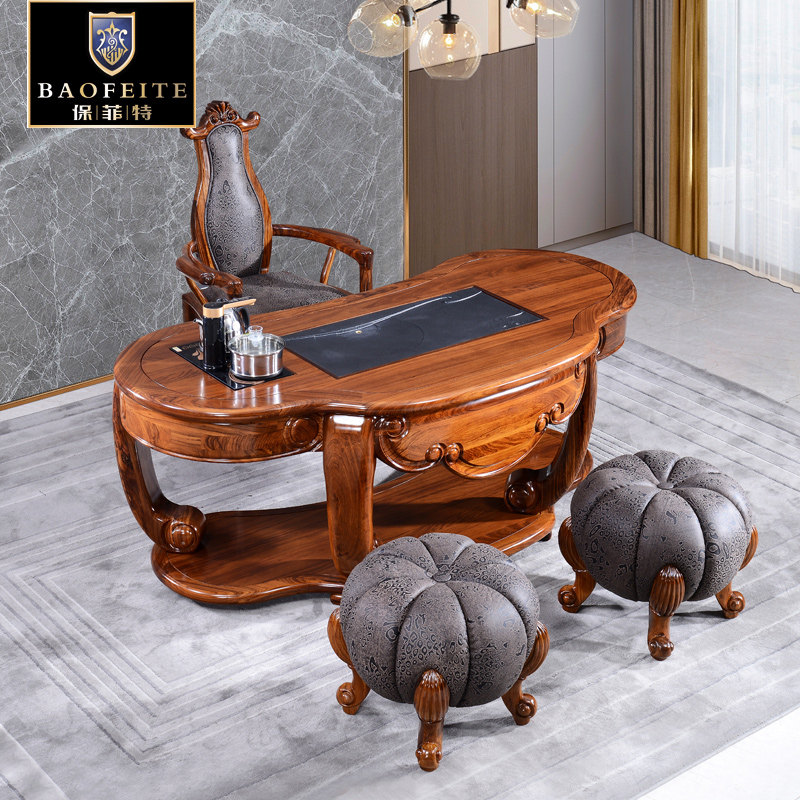 豪华实木茶桌原木色家用茶台功夫茶乌金木欧式书房家具带电磁炉