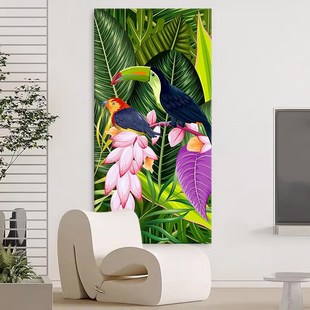 热带雨林棕榈叶玄关挂画抽象大嘴鸟花卉手绘油画客厅动植物装饰画