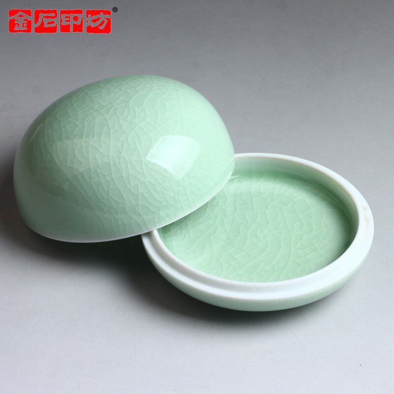 金石印坊 精品汝窑高盖豆青印泥缸 印泥盒 加固防震特制包装