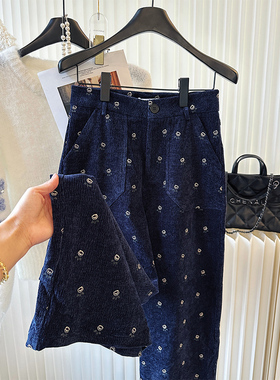 韩系波点刺绣阔腿裤2025年冬新款宽松显瘦休闲深蓝色加绒直筒裤子