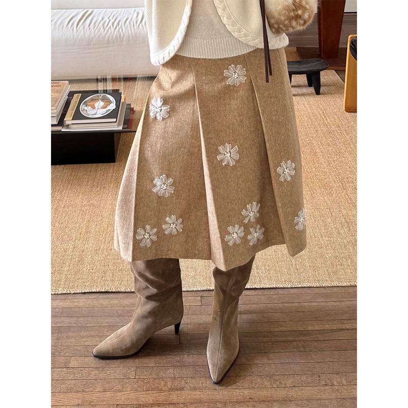 法式复古风花朵刺绣半身裙中长裙