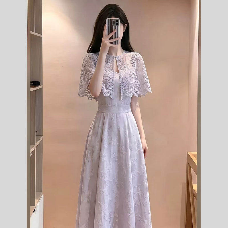 夏季富家千金女神范气质高级感重要场合紫色披肩吊带洋装套装女