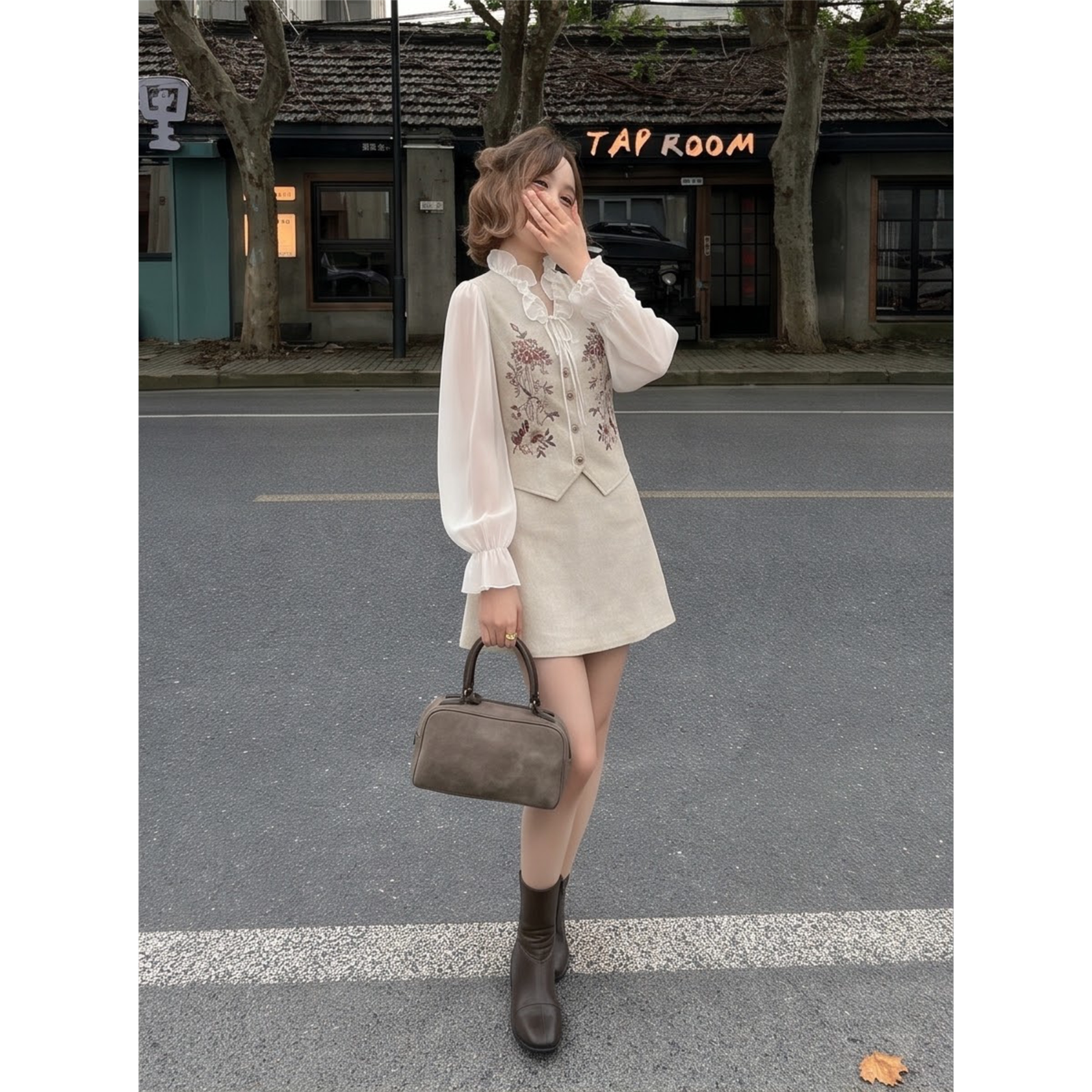 2026新中式假两件上衣套装女秋时尚气质荷叶边衬衫半身裙气质时尚