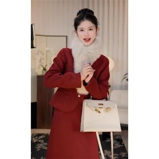 小香风过年红色订婚礼裙敬酒服新娘回门两件套装女2025秋冬季新款