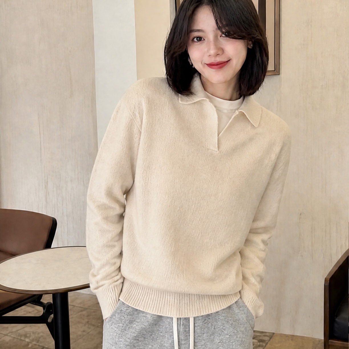 慵懒风POLO领毛衣女米白色秋冬宽松针织衫上衣翻领长袖休闲