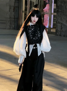 一整套入秋穿搭又a又飒白色灯笼袖衬衫镂空马甲阔腿裤两件套装女