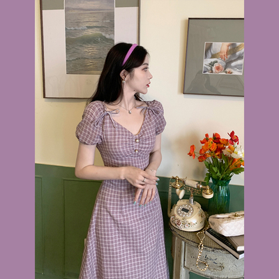 收腰夏季新款初恋甜美格子裙子