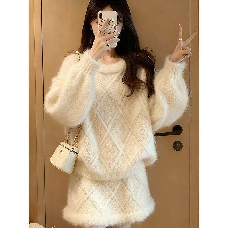 韩系慵懒风毛衣套装女秋冬高级感松弛感针织两件套穿搭一整套白色,女装/女士精品,大码套装,淘宝优惠券,粉丝福利购,淘宝优惠卷