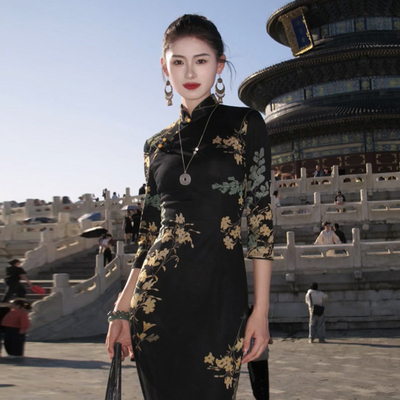 新中式复古黑色开叉连衣裙旗袍