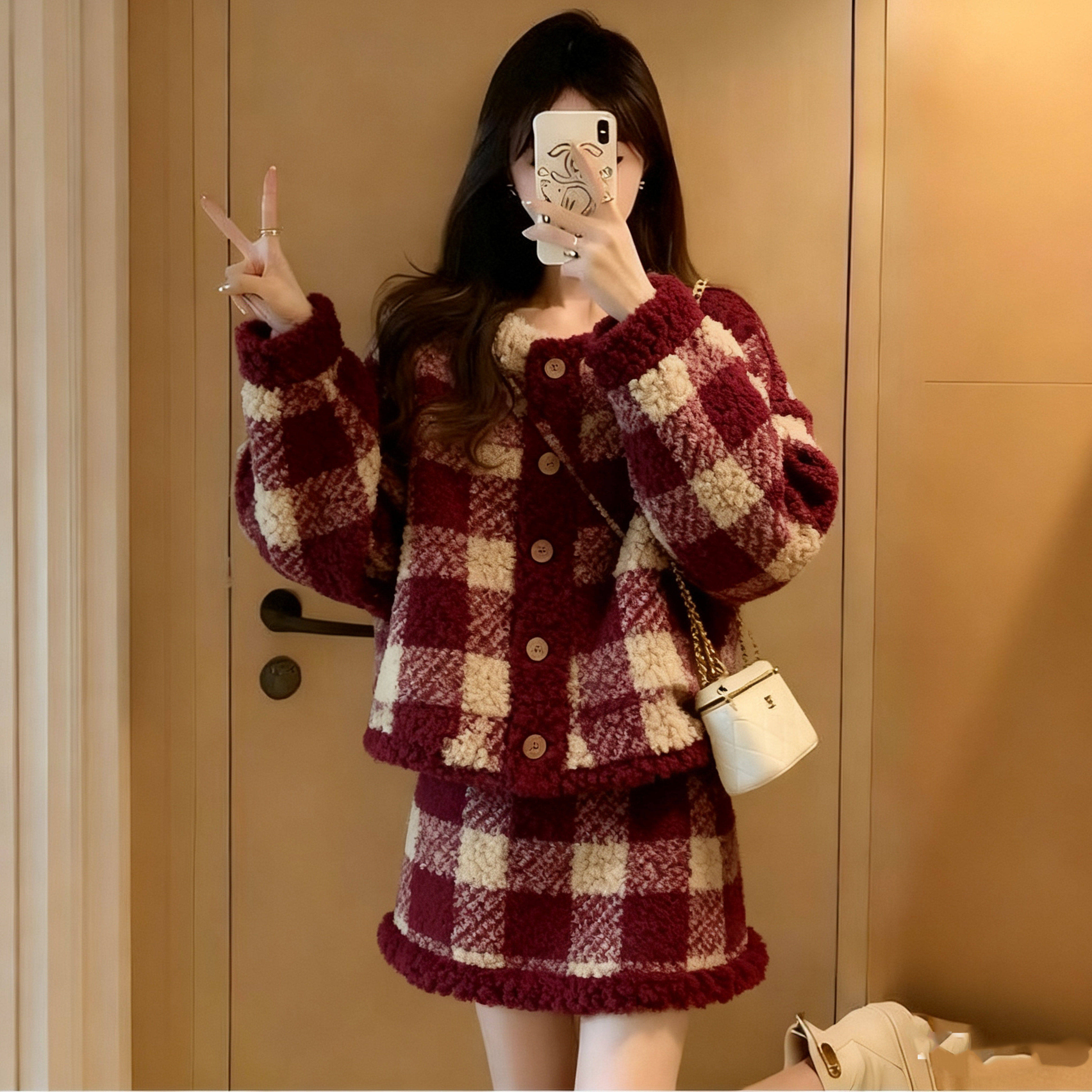 2026春季新款复古小香风格子两件套女春季红色毛呢外套A字裙套装,女装/女士精品,大码套装,淘宝优惠券,粉丝福利购,淘宝优惠卷