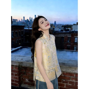 新中式 背心通勤风气质百搭上衣 黄色立领马甲女无袖