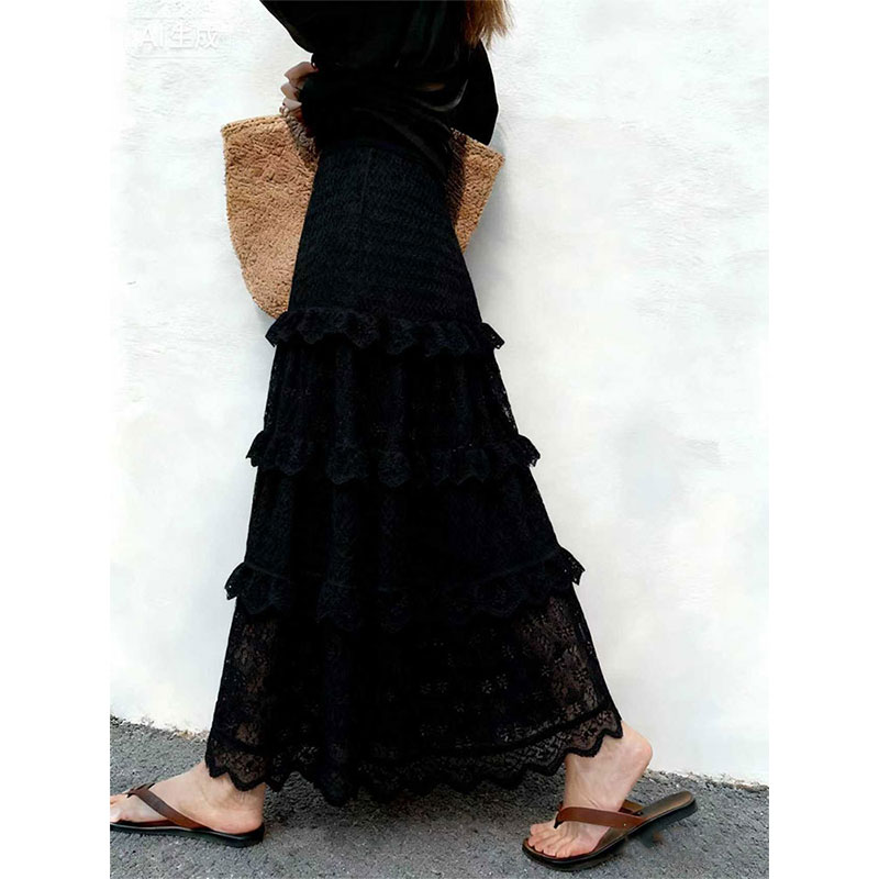 韩系温柔风黑色蕾丝A字中长裙子