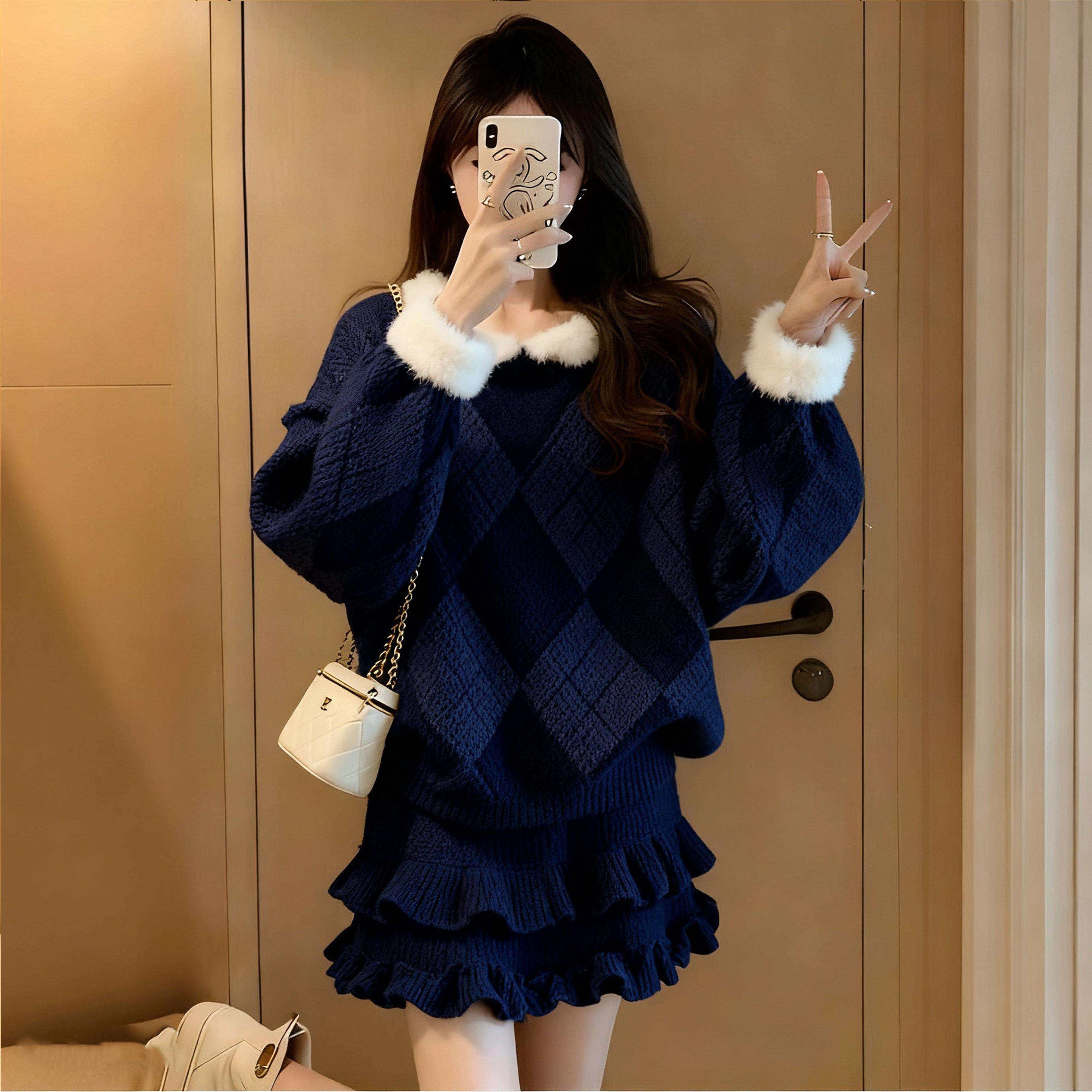 2026新款法式毛绒毛衣花边短裙秋冬针织套装女温柔风两件套,女装/女士精品,大码套装,淘宝优惠券,粉丝福利购,淘宝优惠卷