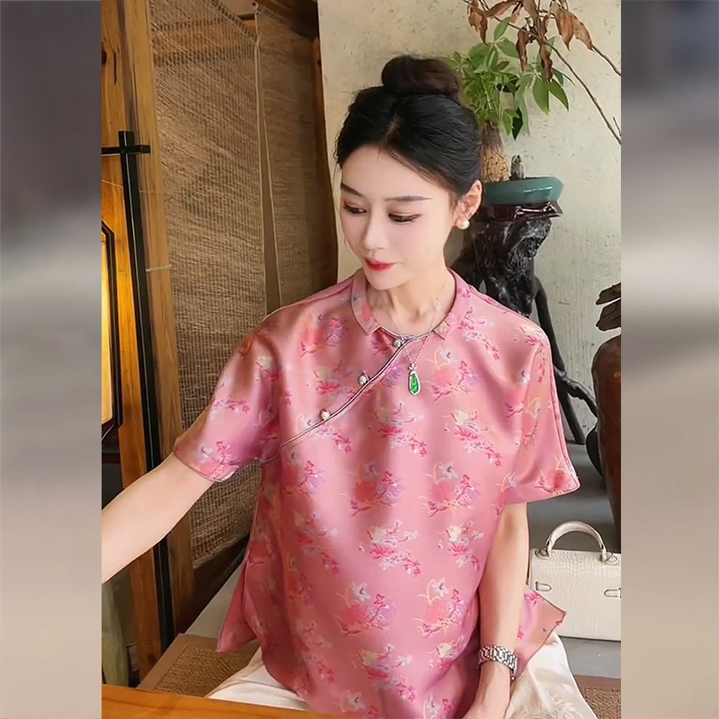 中国风粉色短袖衬衫高端宋锦上衣