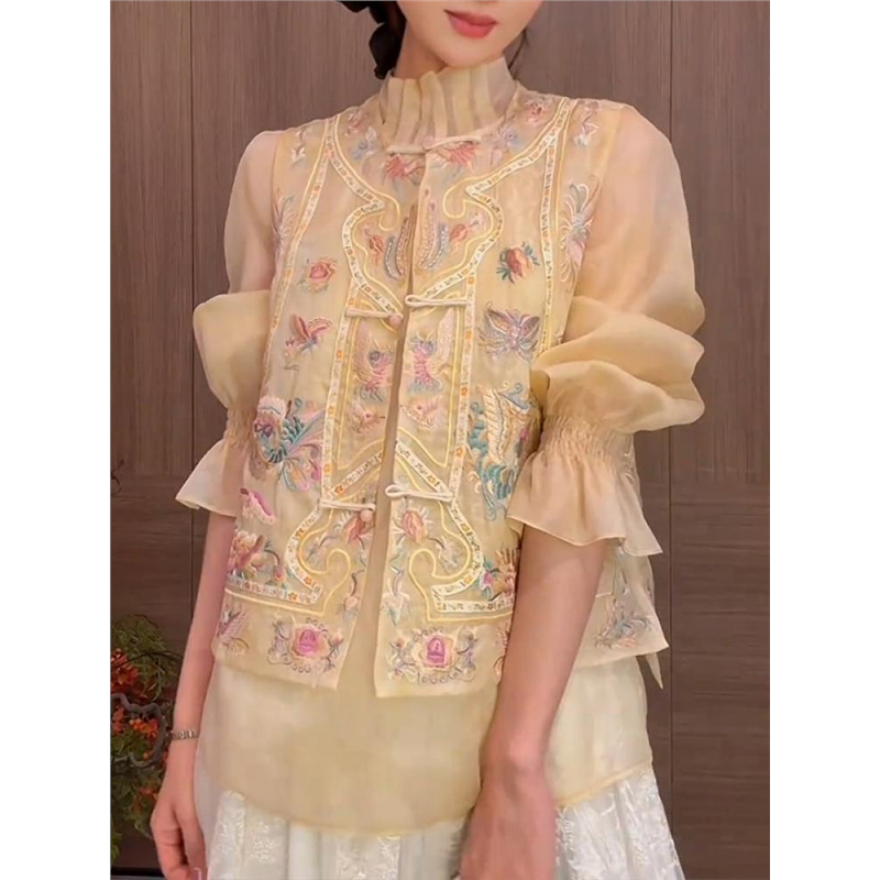 新中式黄色提花刺绣马甲衬衫