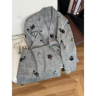 短裙两件套 2025年秋宽松百搭高级感上衣 老钱风重工刺绣西装 套装