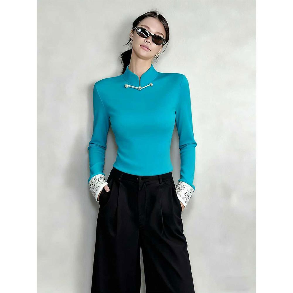 新中式蓝色T恤小众掐腰上衣秋