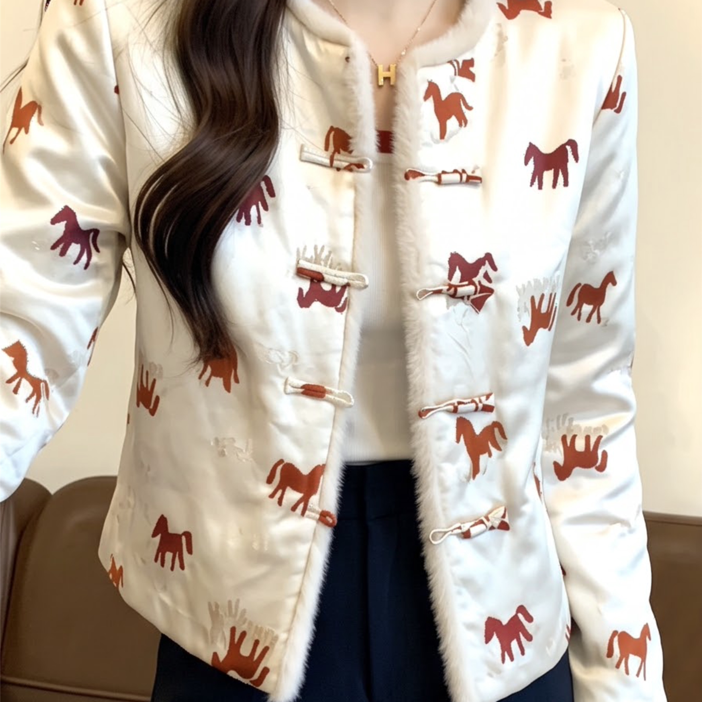 新中式风马纹棉服外套女秋冬盘扣设计感减龄上衣长袖减龄套装唐装