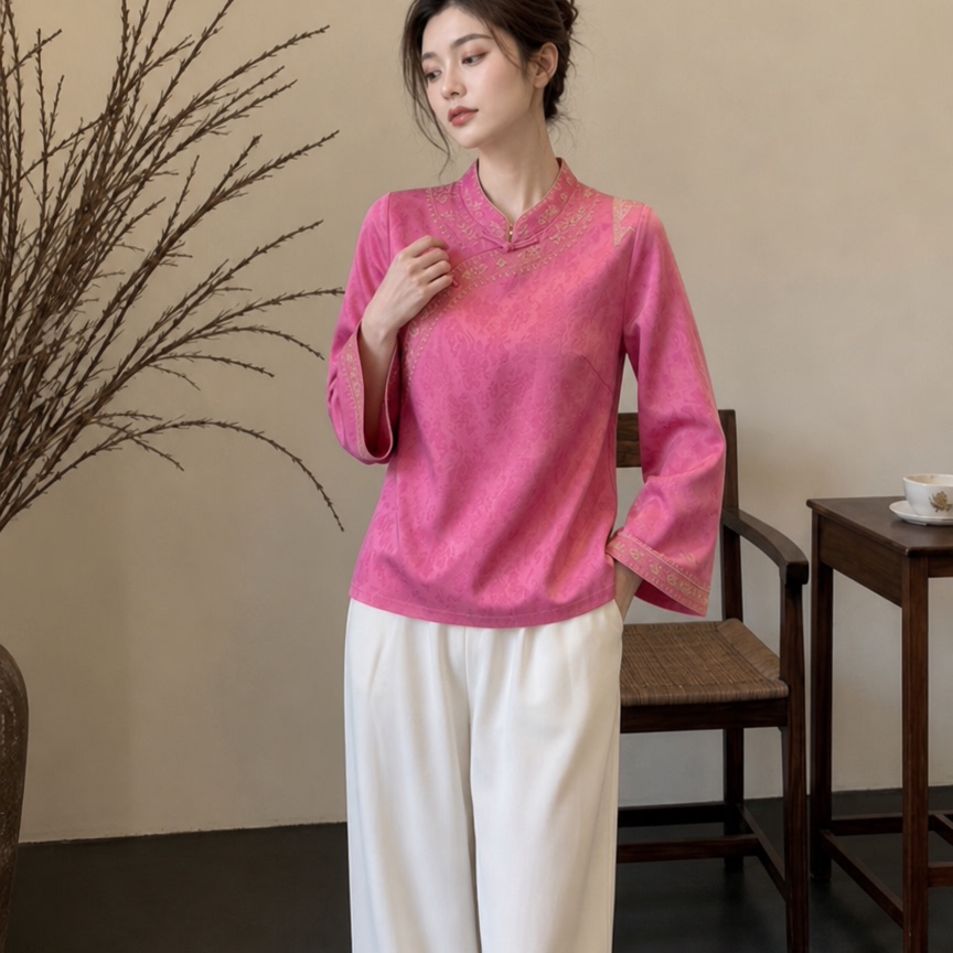 绝美新中式国风立领盘扣上衣女大码刺绣高端气质上衣2026年秋季